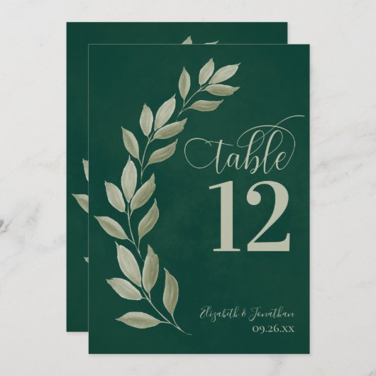 Emerald & Sage Green Blätter Moderne Tischnummer (Vorne/Hinten)