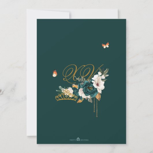 Emerald Sage Green Elegant Butterfly Quinceanera Einladung (Rückseite)