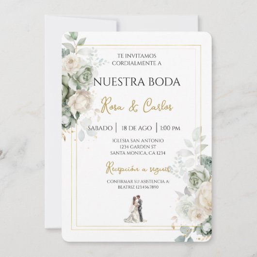 Emerald sage Spanish Wedding Invitation Einladung (Vorderseite)