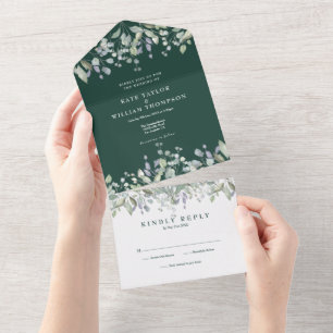 Emerald Sage und Lilac Floral Monogram Wedding All In One Einladung