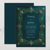 Emerald Sapphire Gilded Floral Wedding Einladung (Vorne/Hinten)