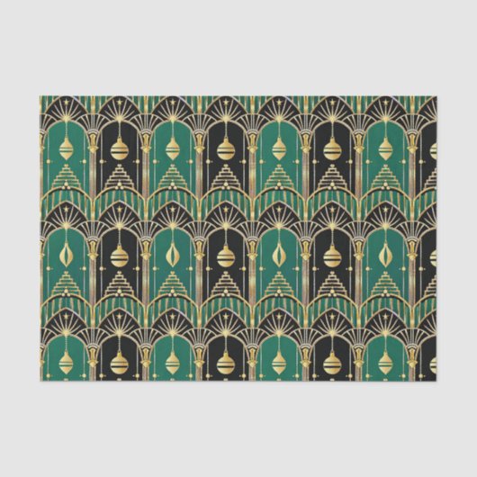 Emerald-schwarzes Art Deco-Festtagsmuster Seidenpapier (Vorderseite)