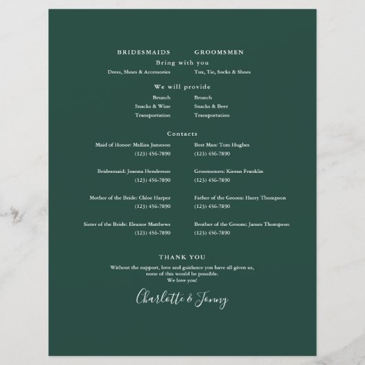 Emerald Script Foto Wedding Schedule Timeline (Rückseite)
