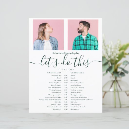 Emerald Script Foto Wedding Schedule Timeline (Stehend Vorderseite)