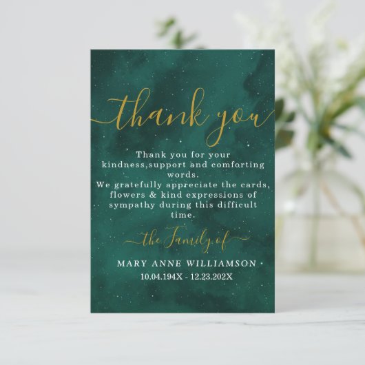 Emerald Script Minimal Beerdigung Danke Karte (Stehend Vorderseite)