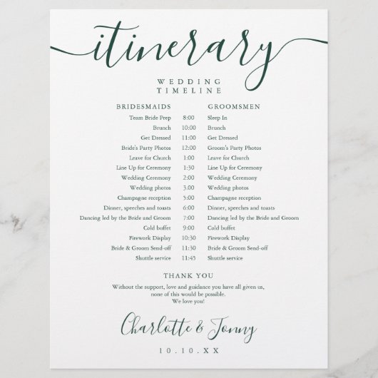 Emerald Script Zeitplan für Hochzeitreisen (Vorderseite)