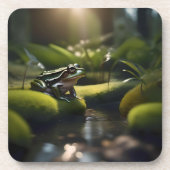 Emerald Serenity: Ein grüner Frosch am Fluss, Getränkeuntersetzer (Vorderseite)