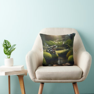 Emerald Serenity: Ein grüner Frosch am Fluss, Kissen