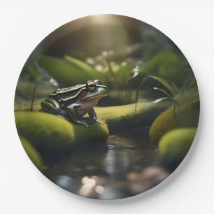 Emerald Serenity: Ein grüner Frosch am Fluss, Pappteller