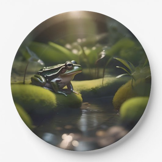 Emerald Serenity: Ein grüner Frosch am Fluss, Pappteller (Vorderseite)