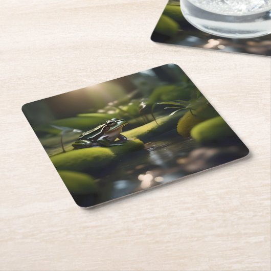 Emerald Serenity: Ein grüner Frosch am Fluss, Rechteckiger Pappuntersetzer (angewinkelt)