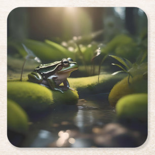 Emerald Serenity: Ein grüner Frosch am Fluss, Rechteckiger Pappuntersetzer
