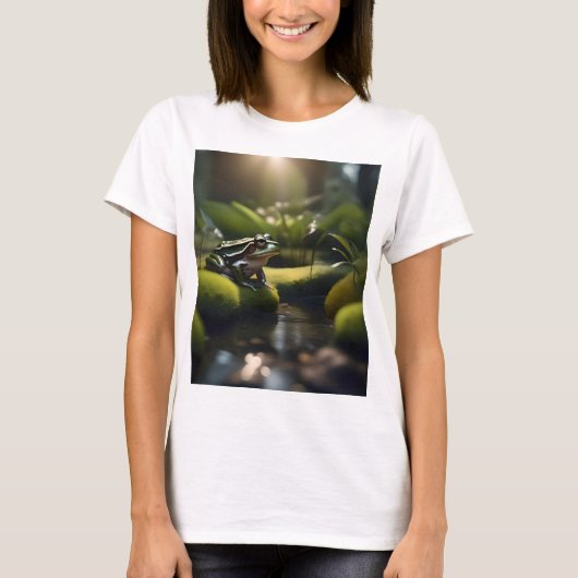 Emerald Serenity: Ein grüner Frosch am Fluss, T-Shirt (Vorderseite)