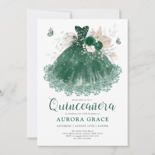 Emerald Silver Blume Quinceañera Mis Quince Anos Einladung (Vorderseite)
