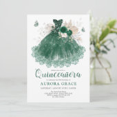 Emerald Silver Blume Quinceañera Mis Quince Anos Einladung (Stehend Vorderseite)
