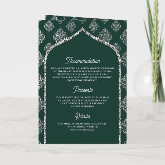 Emerald Silver Damask Arch QR Code Muslime Hochzei Einladung (Rückseite)