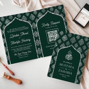 Emerald Silver Damask Arch QR Code Muslime Hochzei Einladung