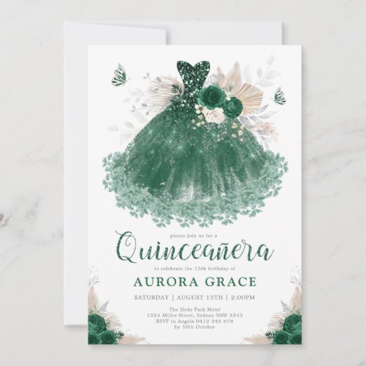 Emerald Silver Floral Quinceañera Dress Mis Quince Einladung (Vorderseite)