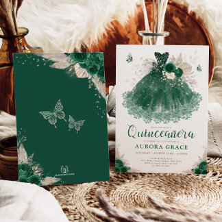 Emerald Silver Floral Quinceañera Dress Mis Quince Einladung