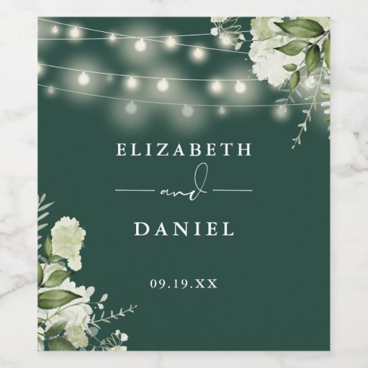 Emerald String Lights Blumengrün Hochzeit Weinetikett (Einzelnes Label)