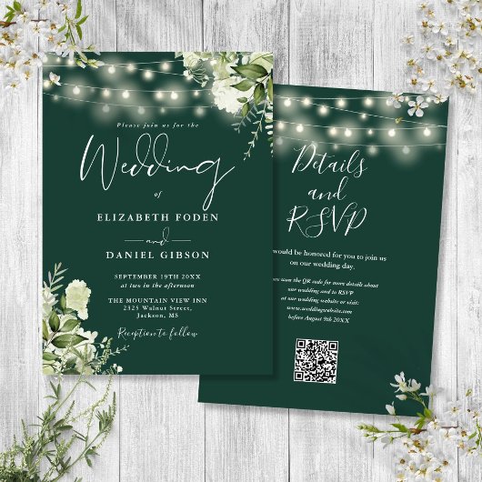 Emerald String Lights Floral QR Code Wedding Einladung