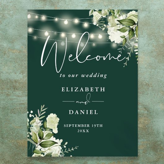 Emerald String Lights Floral Wedding Willkommen Poster