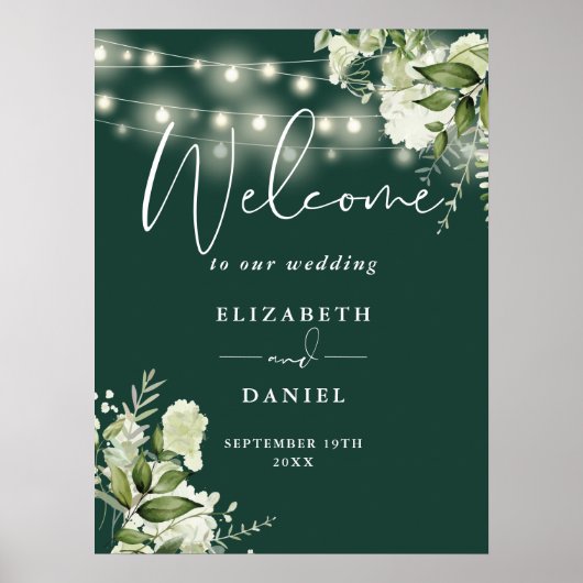 Emerald String Lights Floral Wedding Willkommen Poster (Vorne)