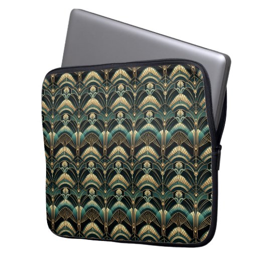 Emerald und Gold Art Deco Themed Laptopschutzhülle (Vorderseite Links)