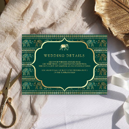 Emerald und Gold Elephant Indian Wedding Details Begleitkarte
