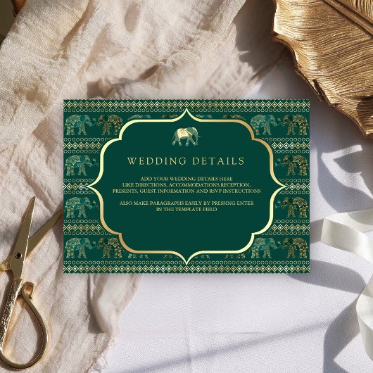 Emerald und Gold Elephant Indian Wedding Details Begleitkarte