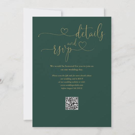 Emerald und Gold Heart Script QR Code Hochzeit Einladung (Rückseite)