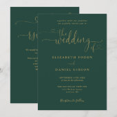 Emerald und Gold Heart Script QR Code Hochzeit Einladung (Vorne/Hinten)