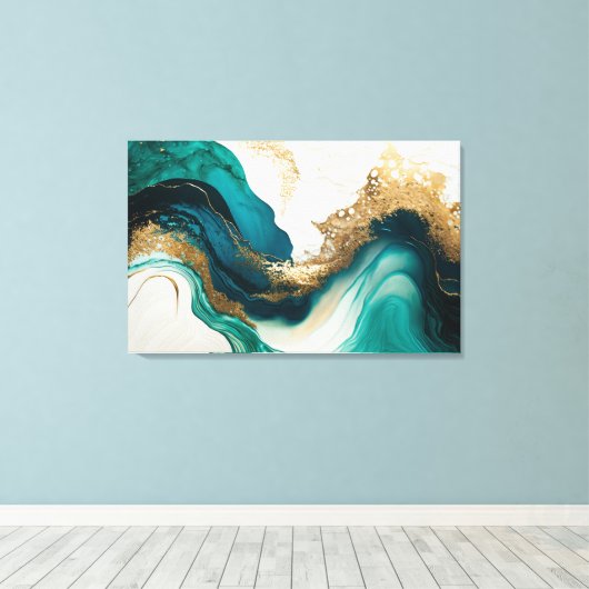 Emerald und Gold Marble Abstrakte Fluid Art Leinwanddruck (Insitu (Holzboden))