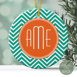 Emerald und Orange Chevrons Custom Triple Monogram Keramikornament