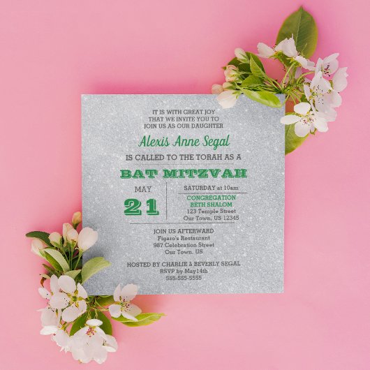 Emerald und Silver Glitzer Glam Bat Mitzvah Einladung