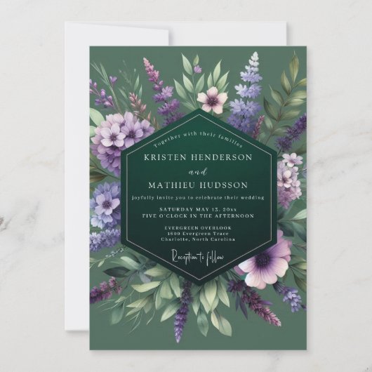 Emerald-Violette Wildblumenhochzeit Einladung (Vorderseite)