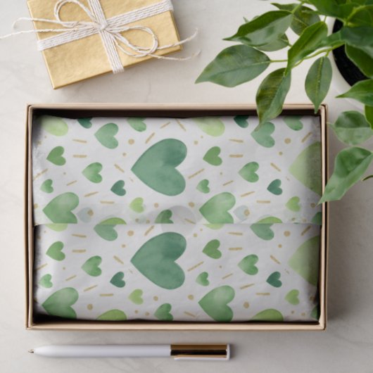 Emerald Watercolor Hearts & Gold Leaf Seidenpapier (Geschenk)