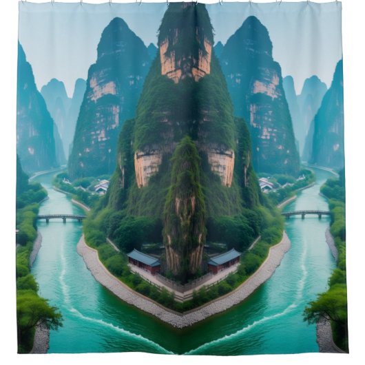 Emerald Waters & Mountain View - Landschaftliches  Duschvorhang (Vorderseite)