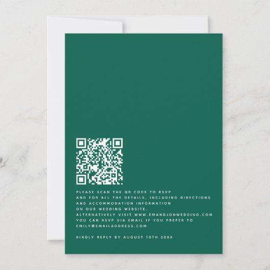 Emerald Wedding Minimalistisch Simple Text QR Code Einladung (Rückseite)