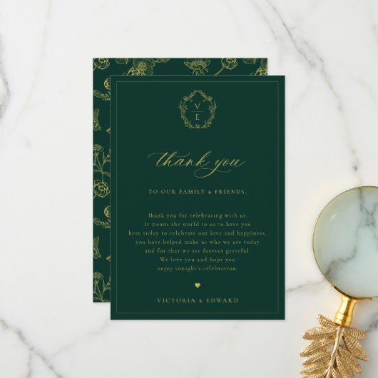 Emerald Wedding Reception Table für Vintages Gold Dankeskarte (Vorderseite/Rückseite Beispiel)