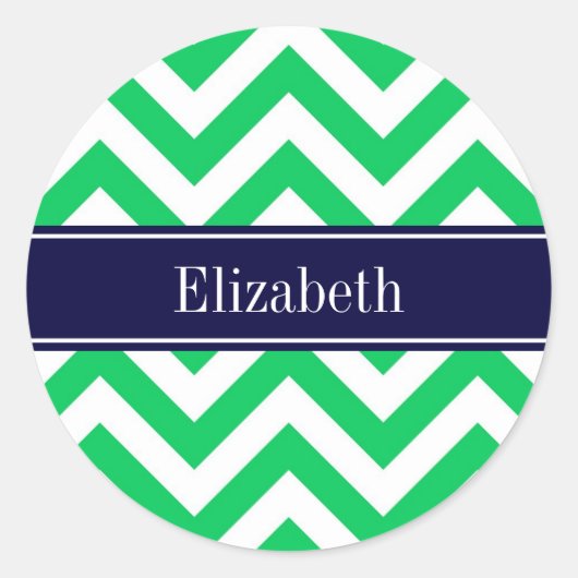 Emerald White LG Zickzack Navy Blue Name Monogram Runder Aufkleber (Vorderseite)