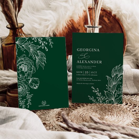 Emerald White Vintag Botanical Floral Wedding Einladung