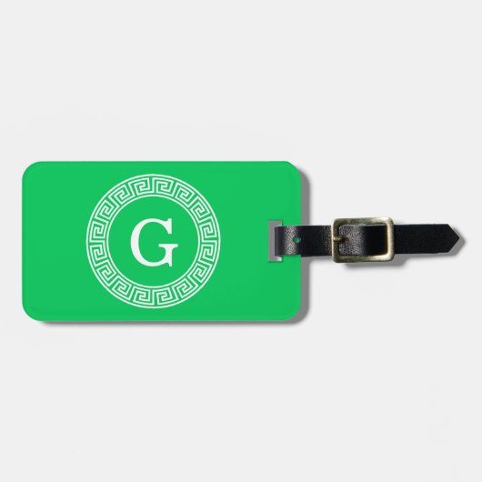 Emerald Wht Greek Key Rnd Frame Initial Monogram Gepäckanhänger (Vorderseite horizontal)