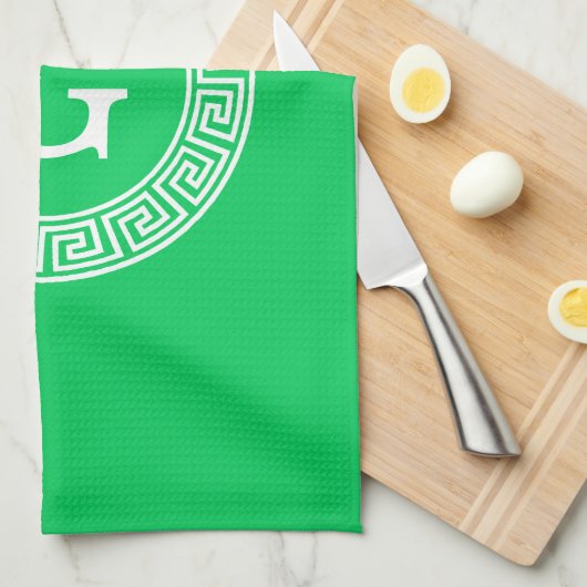 Emerald Wht Greek Key Rnd Frame Initial Monogram Geschirrtuch (Viertel Falte)