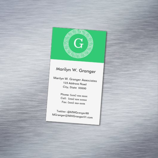 Emerald Wht Greek Key Rnd Frame Initial Monogram Magnetische Visitenkarte (Beispiel)