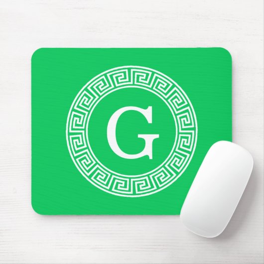 Emerald Wht Greek Key Rnd Frame Initial Monogram Mousepad (Mit Mouse)