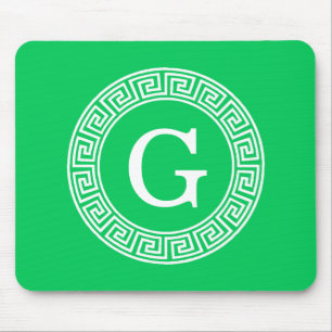 Emerald Wht Greek Key Rnd Frame Initial Monogram Mousepad