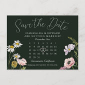 Emerald Wild Flower Wedding Calendar Save The Date Ankündigungspostkarte (Vorderseite)