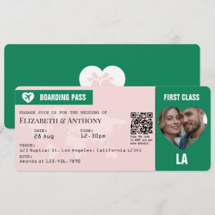 Emeraldgrün & Soft Blush Boarding Pass Hochzeitsei Einladung