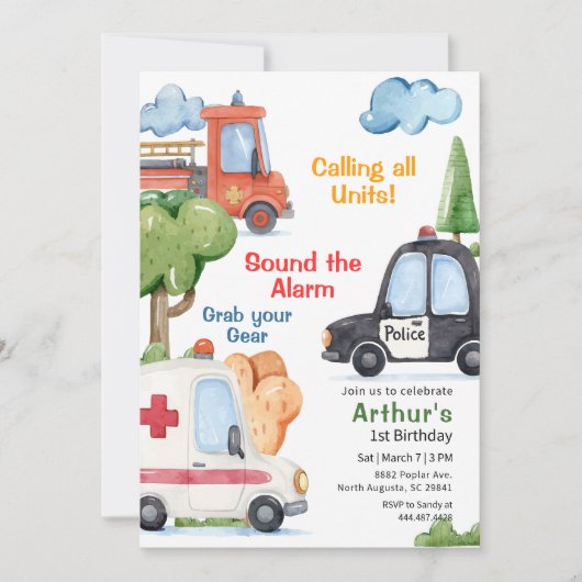 Emergency Vehicles Any Age Birthday Einladung (Vorderseite)